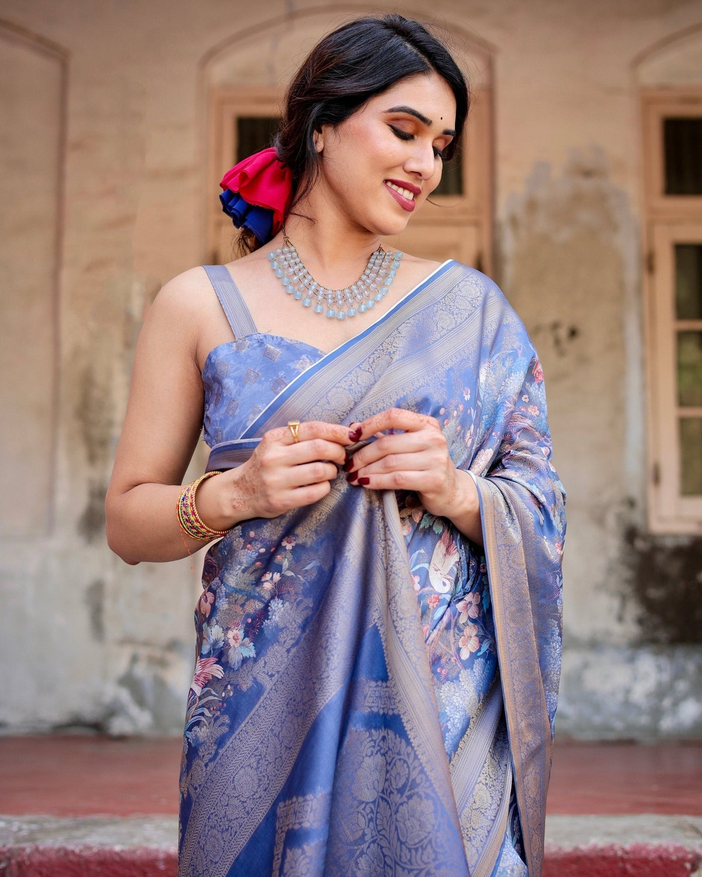 Pure Banarasi Silk Saree Weaved With Golden Zari Comes With Tassels - Almaari Fashion