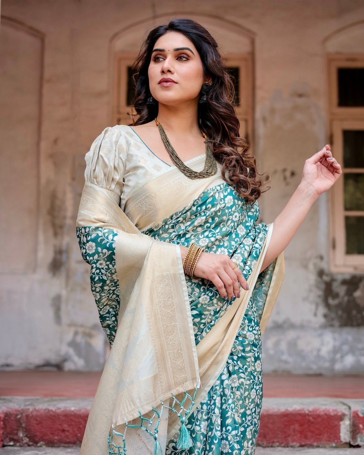 Pure Banarasi Silk Saree Weaved With Golden Zari Comes With Tassels - Almaari Fashion