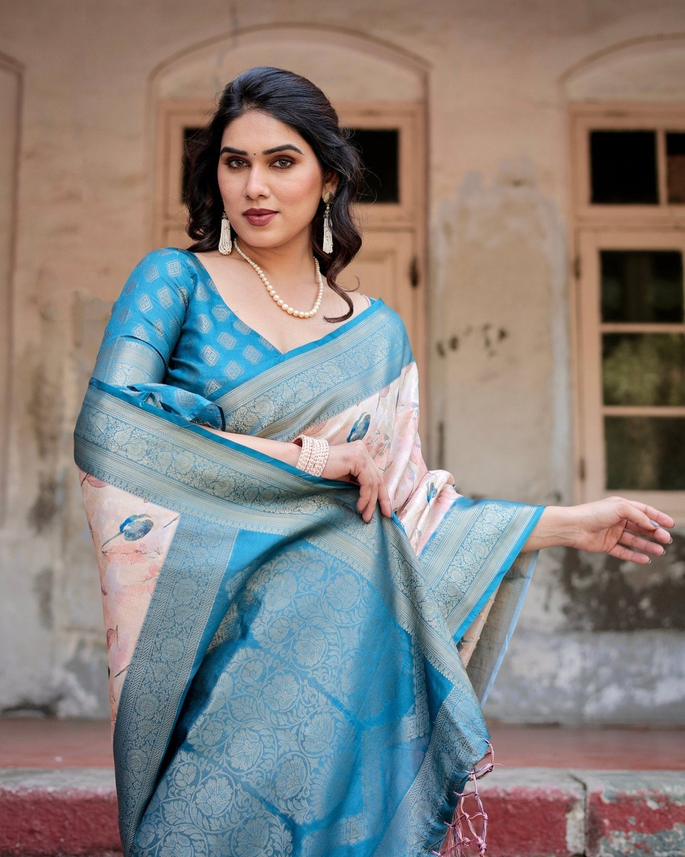 Pure Banarasi Silk Saree Weaved With Golden Zari Comes With Tassels - Almaari Fashion