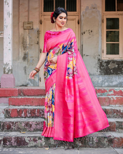 Pure Banarasi Silk Saree Weaved With Golden Zari Comes With Tassels - Almaari Fashion