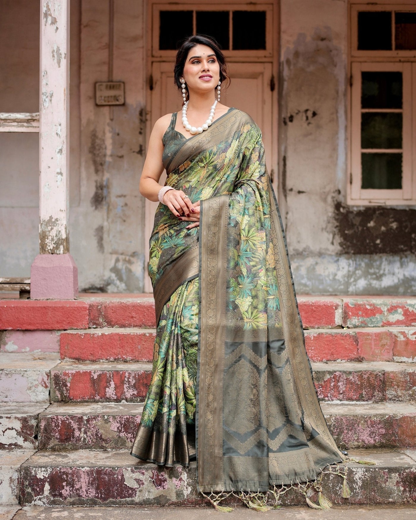 Pure Banarasi Silk Saree Weaved With Golden Zari Comes With Tassels - Almaari Fashion