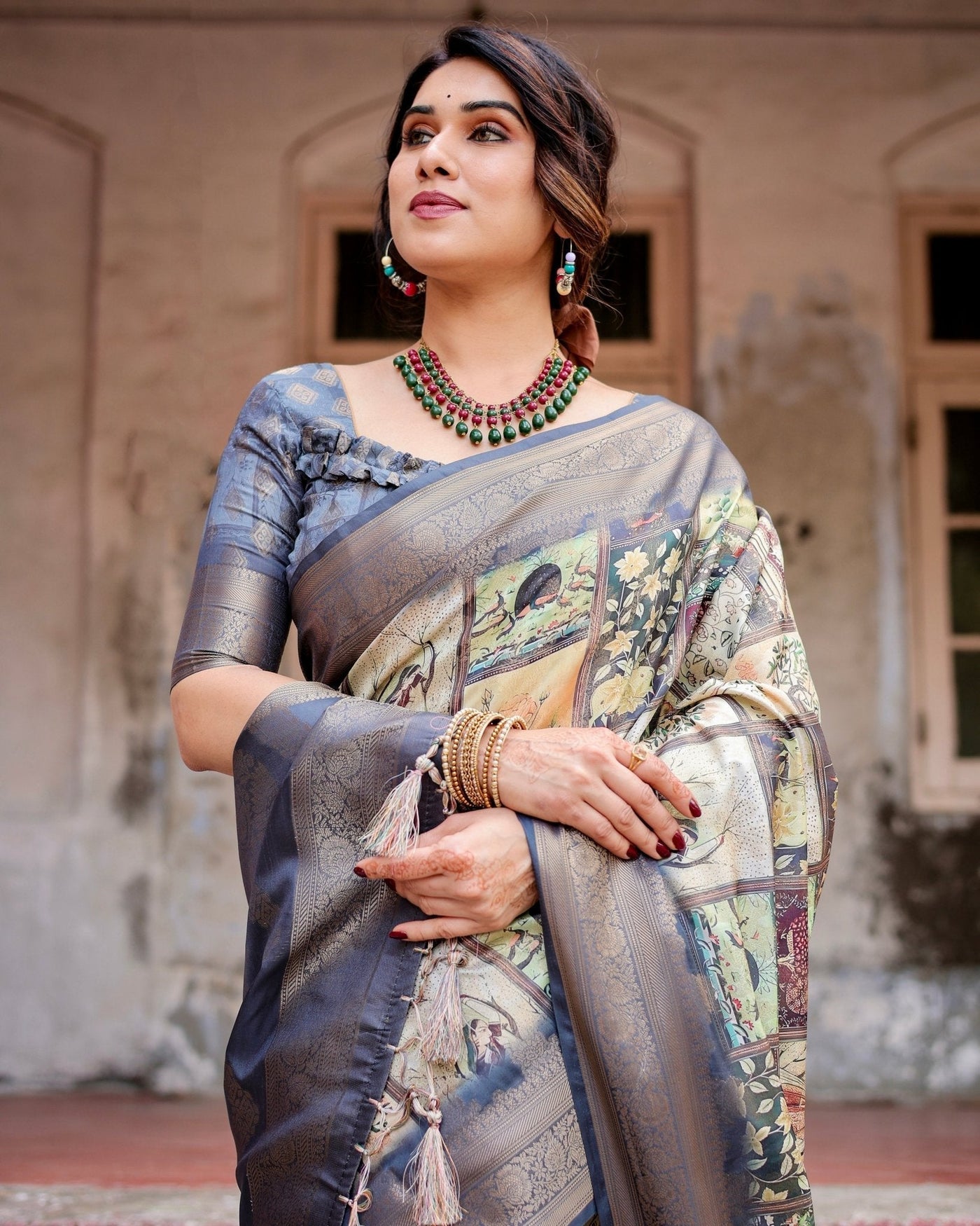 Pure Banarasi Silk Saree Weaved With Golden Zari Comes With Tassels - Almaari Fashion