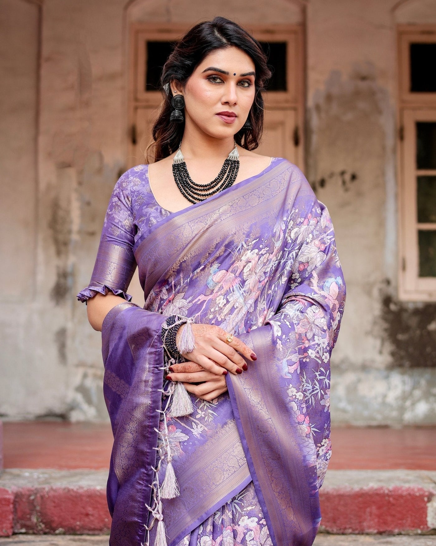 Pure Banarasi Silk Saree Weaved With Golden Zari Comes With Tassels - Almaari Fashion