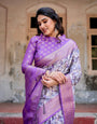 Lavender and White Geometric Floral Digital Print Banarasi Silk Saree with Zari Weave and Tassel-Embellished Pallu