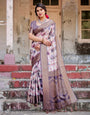 Elegant Purple Floral Banarasi Silk Saree with Intricate Zari Weave and Tassels