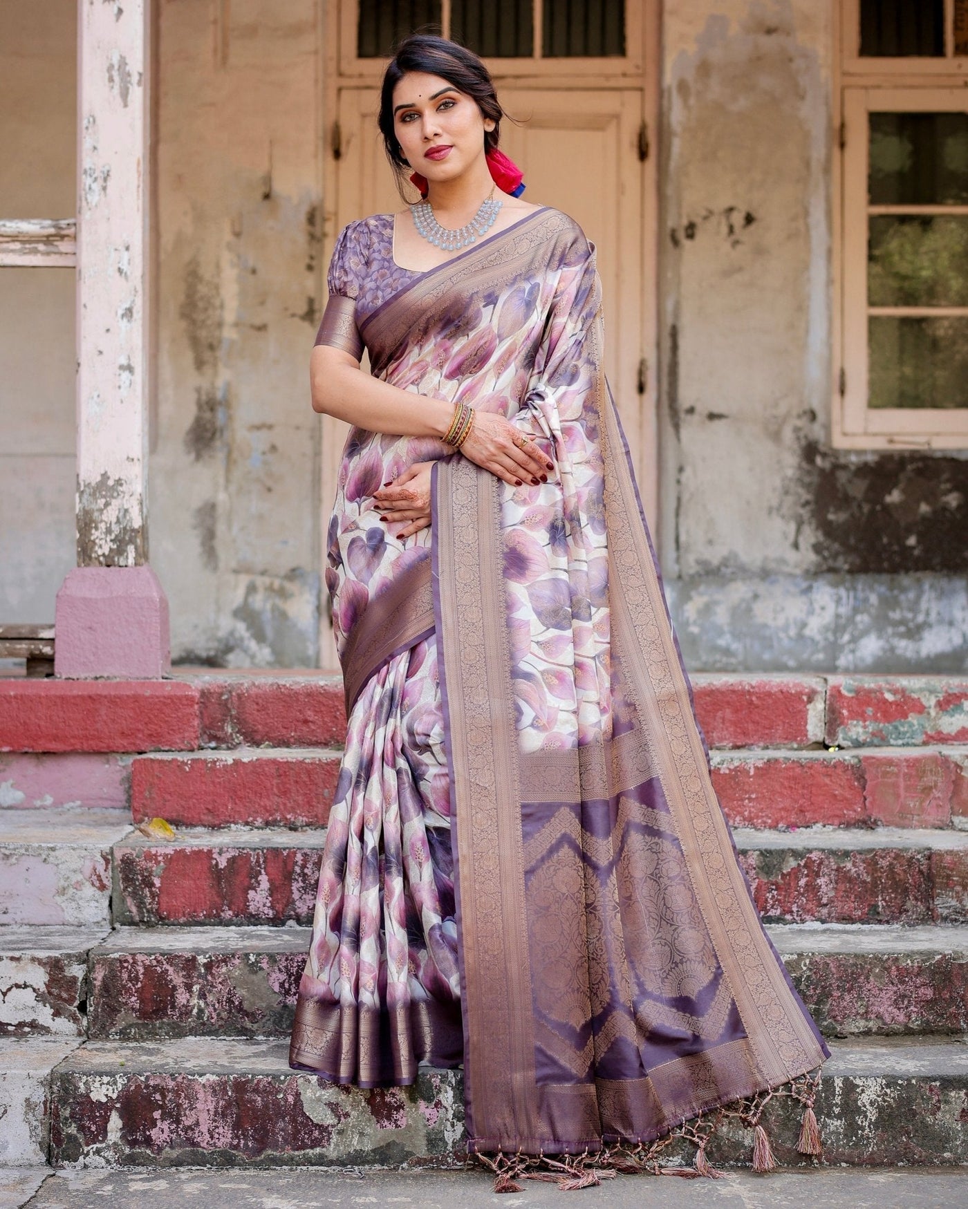 Pure Banarasi Silk Saree Weaved With Golden Zari Comes With Tassels - Almaari Fashion