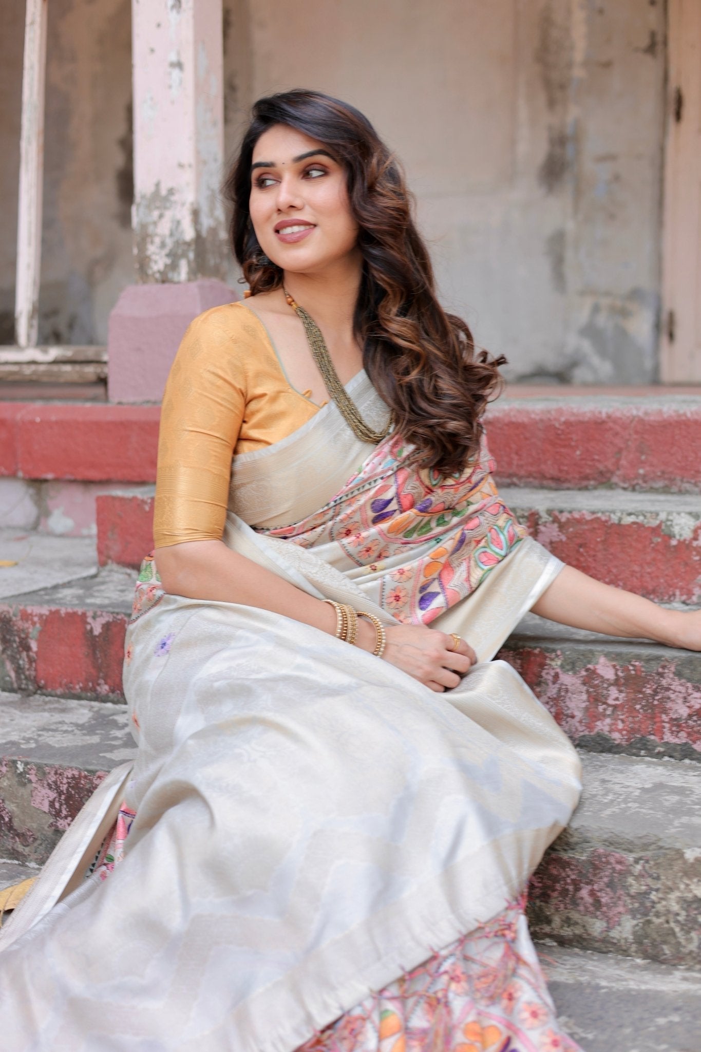 Pure Banarasi Silk Saree Weaved With Golden Zari Comes With Tassels - Almaari Fashion