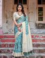 Teal and Cream Floral Banarasi Silk Saree with Zari Weave and Tassel-Accented Pallu