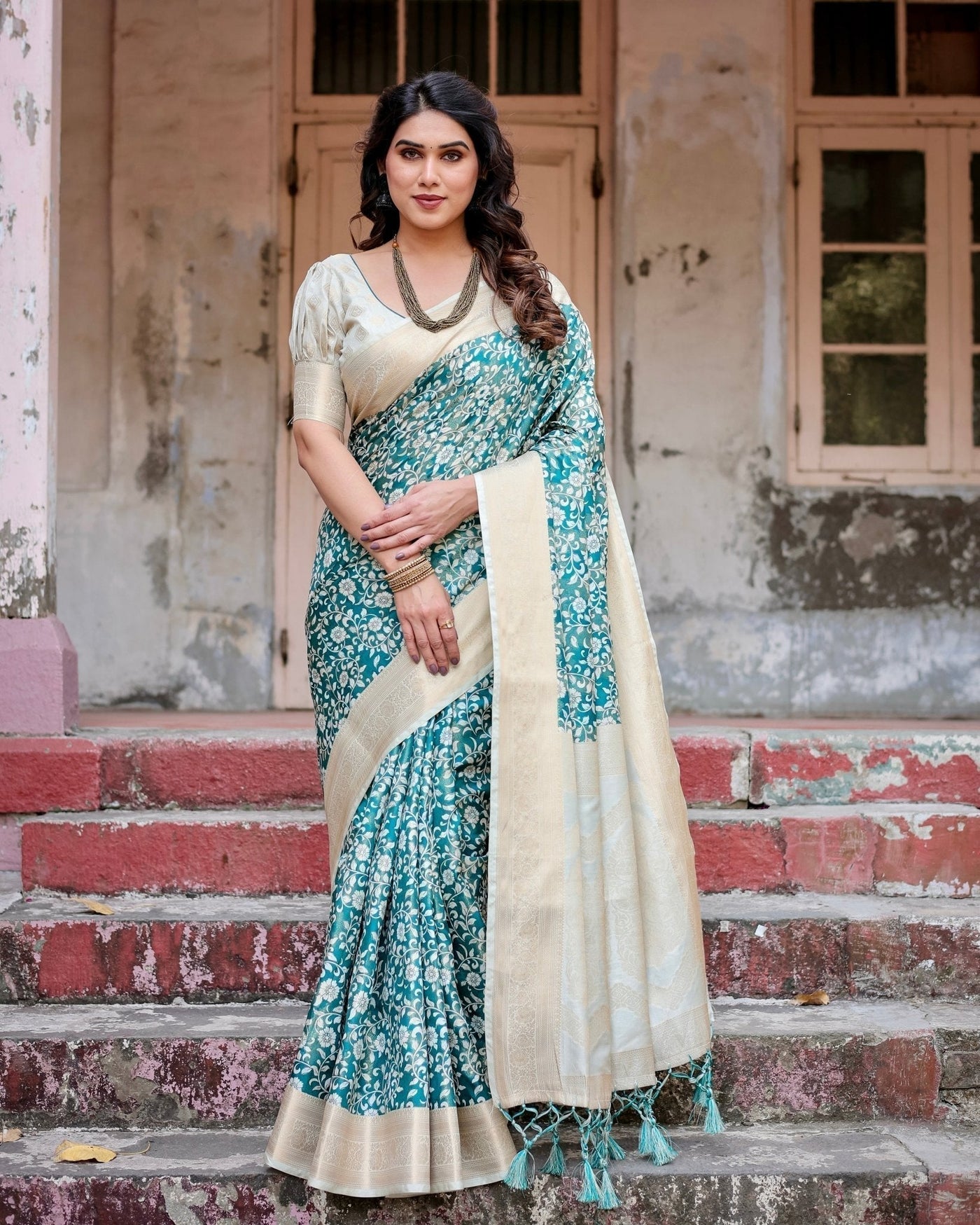 Pure Banarasi Silk Saree Weaved With Golden Zari Comes With Tassels - Almaari Fashion