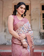 Beige and Pink Geometric Print Banarasi Silk Saree with Zari Weave and Tassel-Embellished Pallu