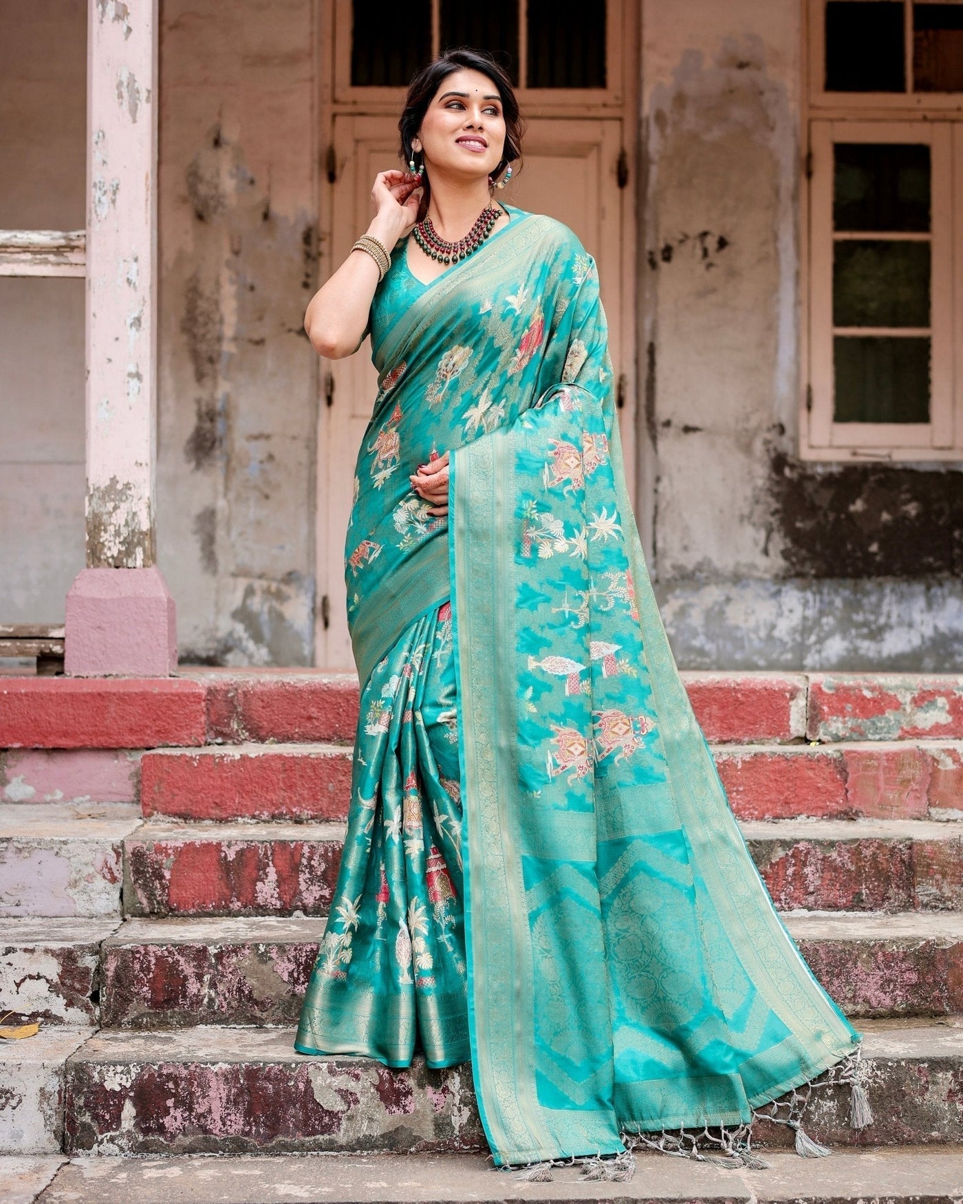 Pure Banarasi Silk Saree Weaved With Golden Zari Comes With Tassels - Almaari Fashion