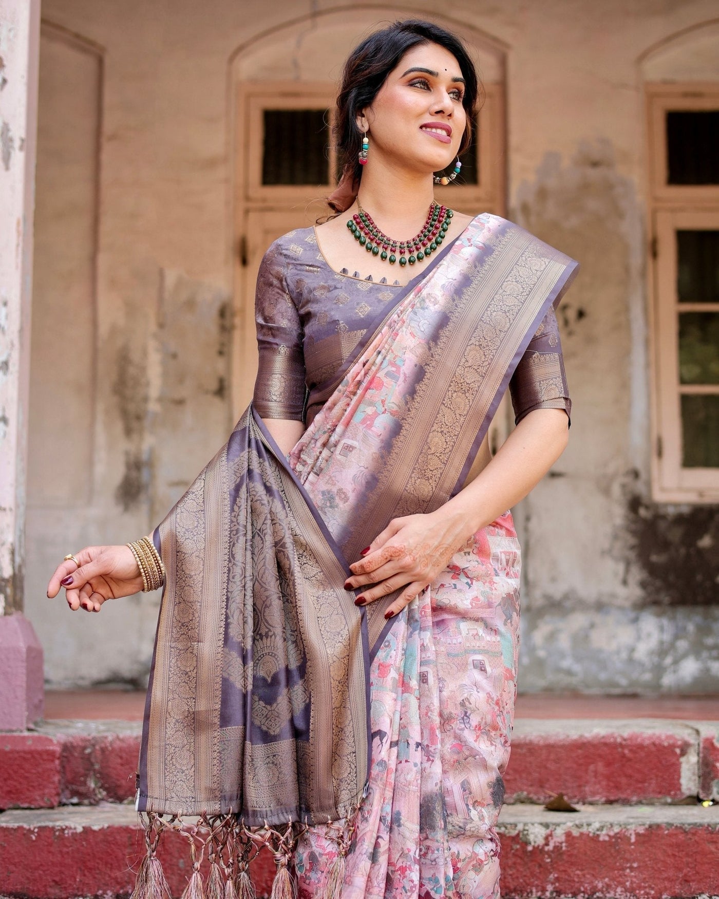 Pure Banarasi Silk Saree Weaved With Golden Zari Comes With Tassels - Almaari Fashion