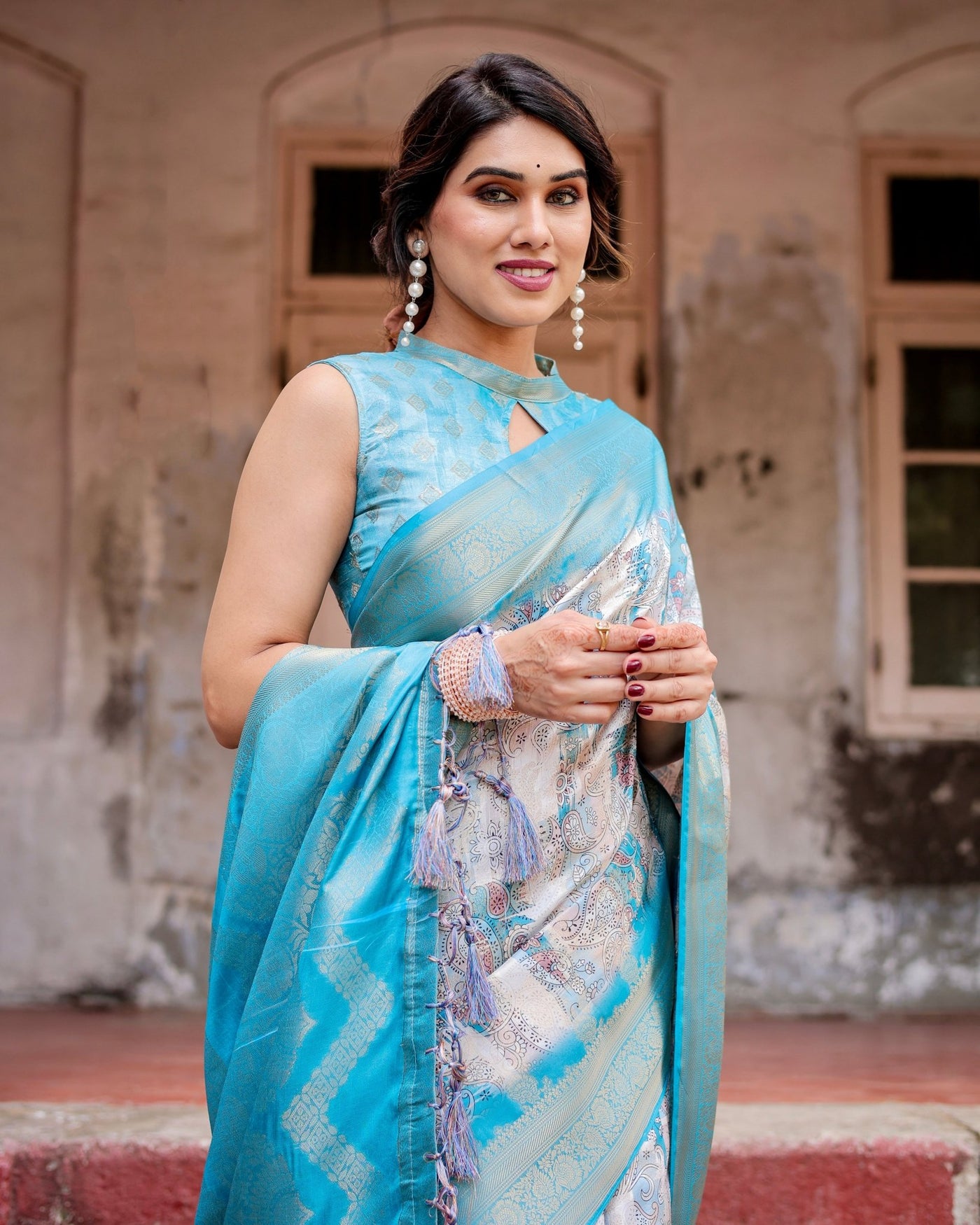 Pure Banarasi Silk Saree Weaved With Golden Zari Comes With Tassels - Almaari Fashion