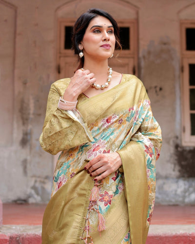 Pure Banarasi Silk Saree Weaved With Golden Zari Comes With Tassels - Almaari Fashion