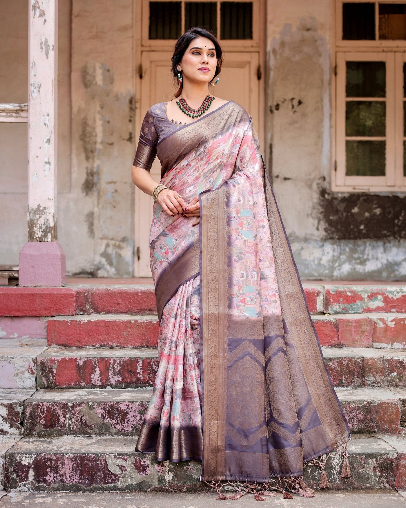 Pure Banarasi Silk Saree Weaved With Golden Zari Comes With Tassels - Almaari Fashion