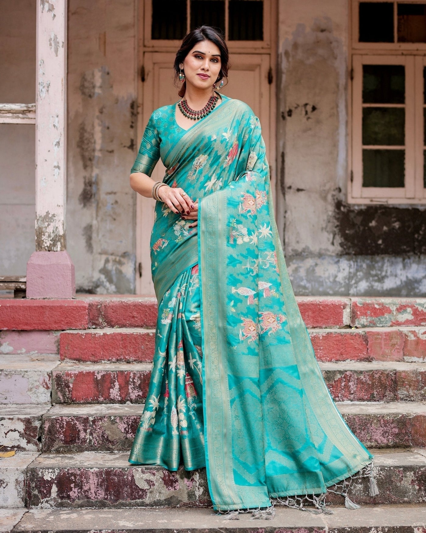 Pure Banarasi Silk Saree Weaved With Golden Zari Comes With Tassels - Almaari Fashion