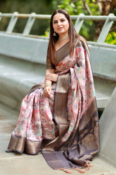 Pure Banarasi Silk Saree Weaved With Golden Zari Comes With Tassels - Almaari Fashion