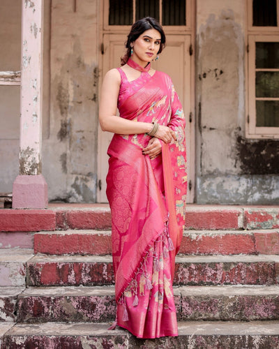 Pure Banarasi Silk Saree Weaved With Golden Zari Comes With Tassels - Almaari Fashion