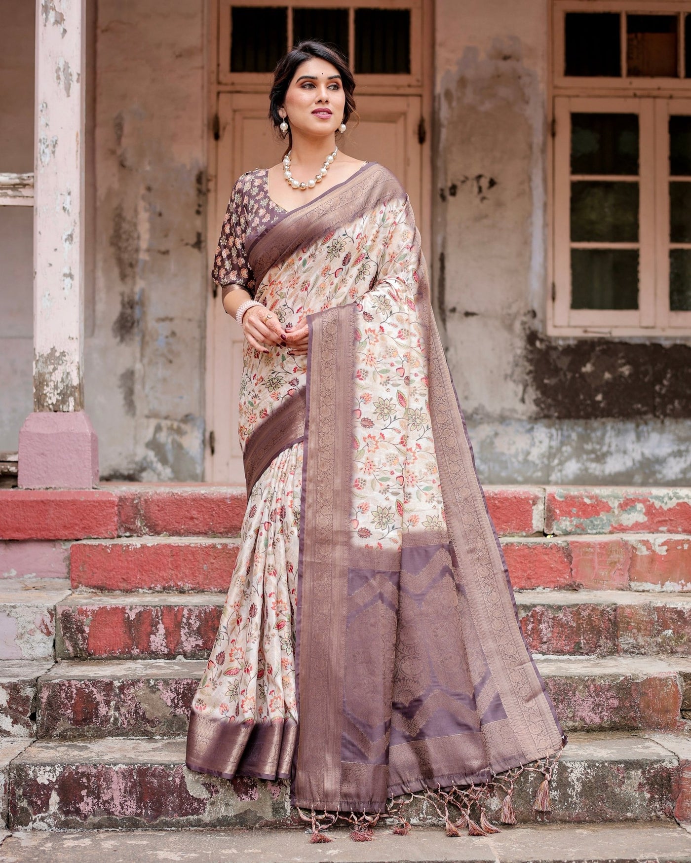 Pure Banarasi Silk Saree Weaved With Golden Zari Comes With Tassels - Almaari Fashion