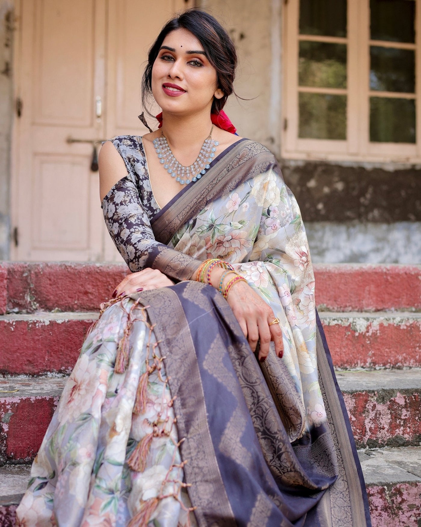 Pure Banarasi Silk Saree Weaved With Golden Zari Comes With Tassels - Almaari Fashion