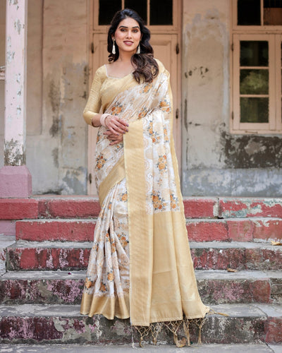 Pure Banarasi Silk Saree Weaved With Golden Zari Comes With Tassels - Almaari Fashion