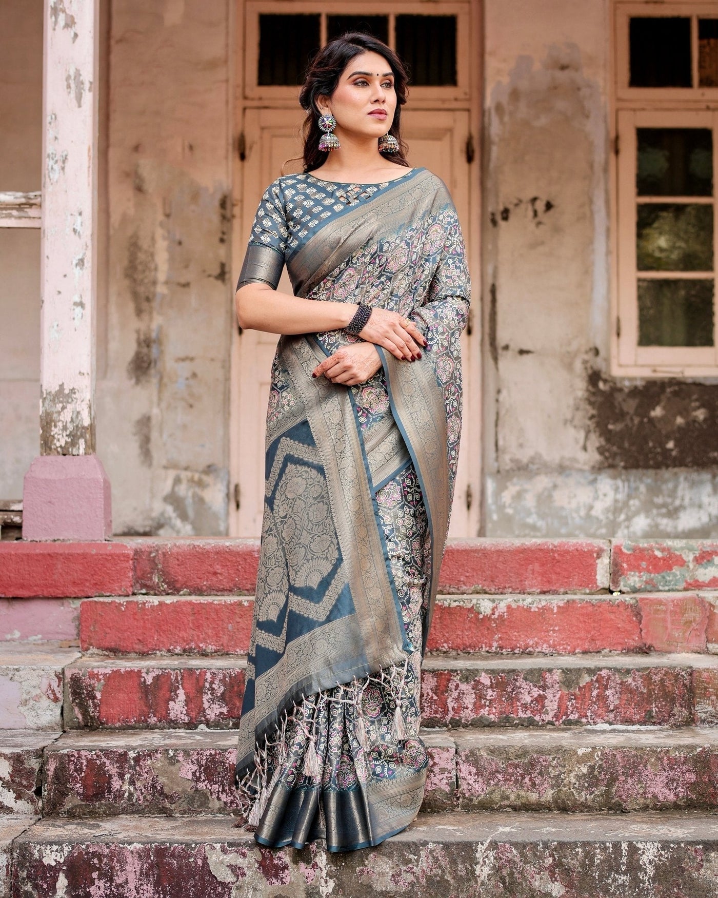 Pure Banarasi Silk Saree Weaved With Golden Zari Comes With Tassels - Almaari Fashion