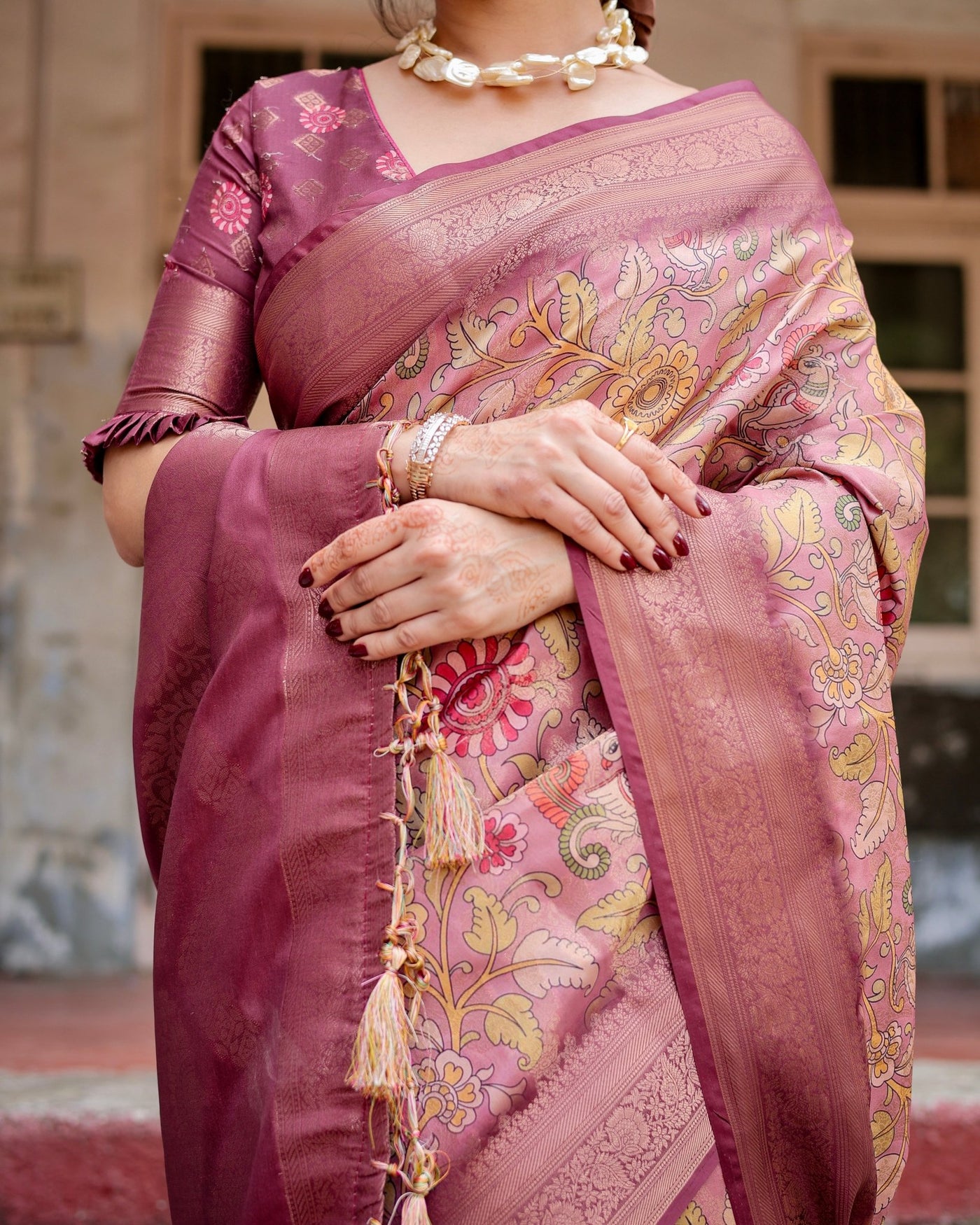 Pure Banarasi Silk Saree Weaved With Golden Zari Comes With Tassels - Almaari Fashion