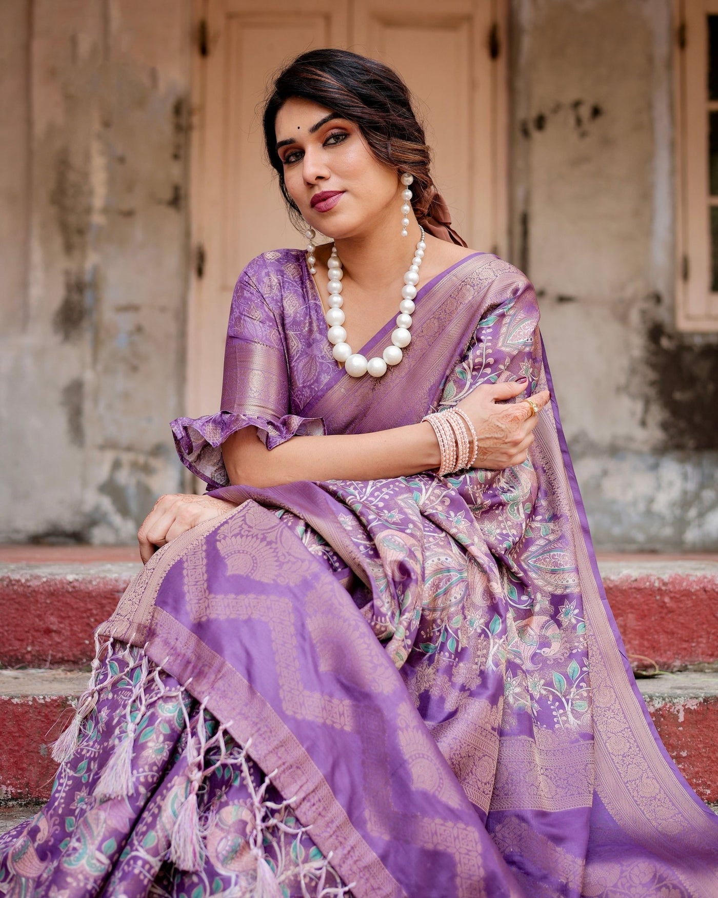 Pure Banarasi Silk Saree Weaved With Golden Zari Comes With Tassels - Almaari Fashion