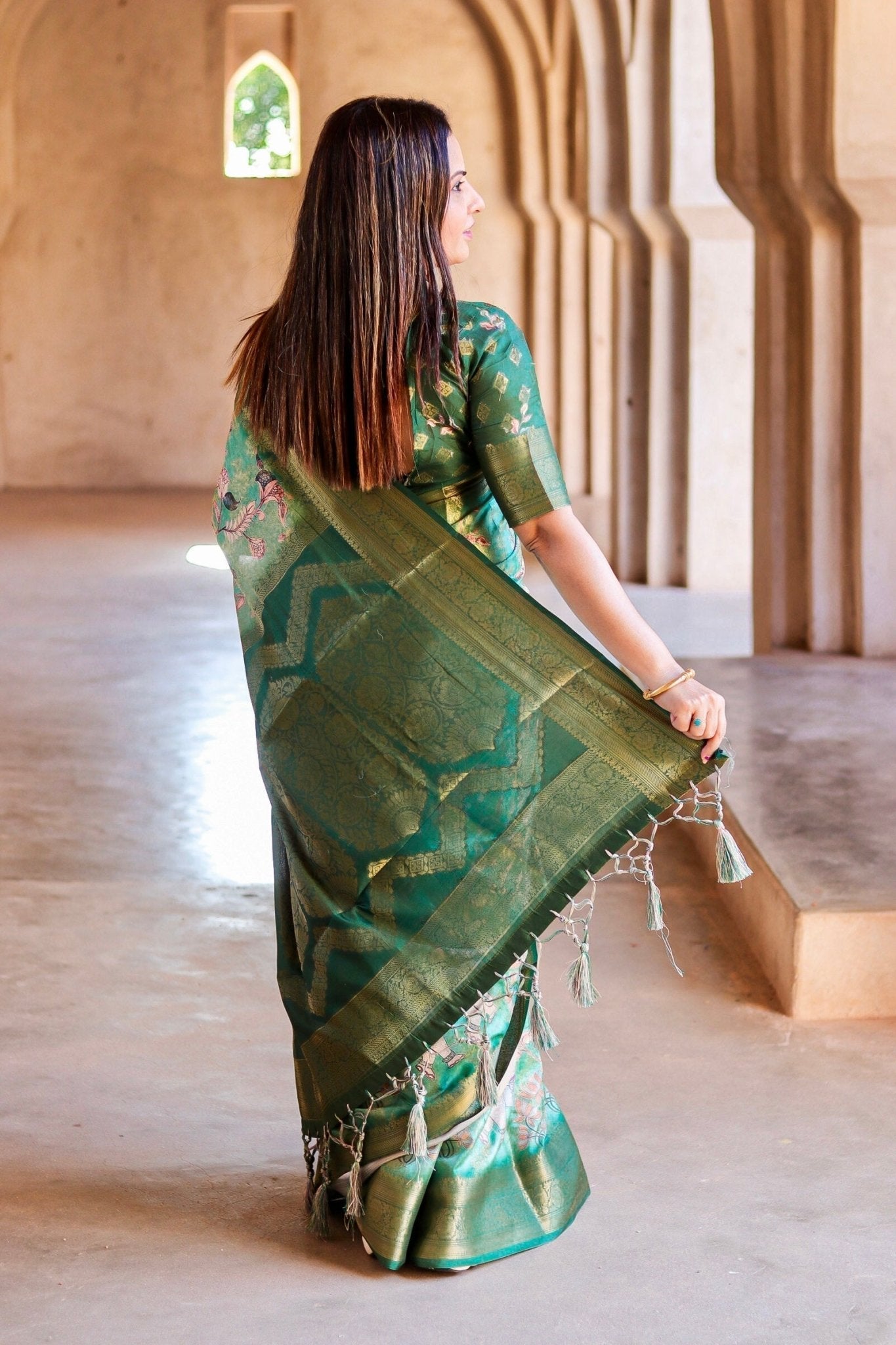 Pure Banarasi Silk Saree Weaved With Golden Zari Comes With Tassels - Almaari Fashion