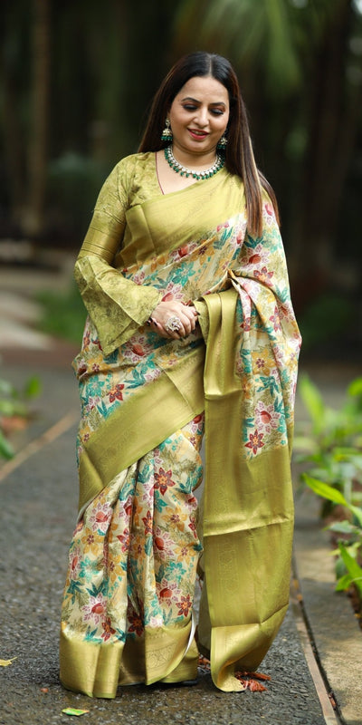 Pure Banarasi Silk Saree Weaved With Golden Zari Comes With Tassels - Almaari Fashion