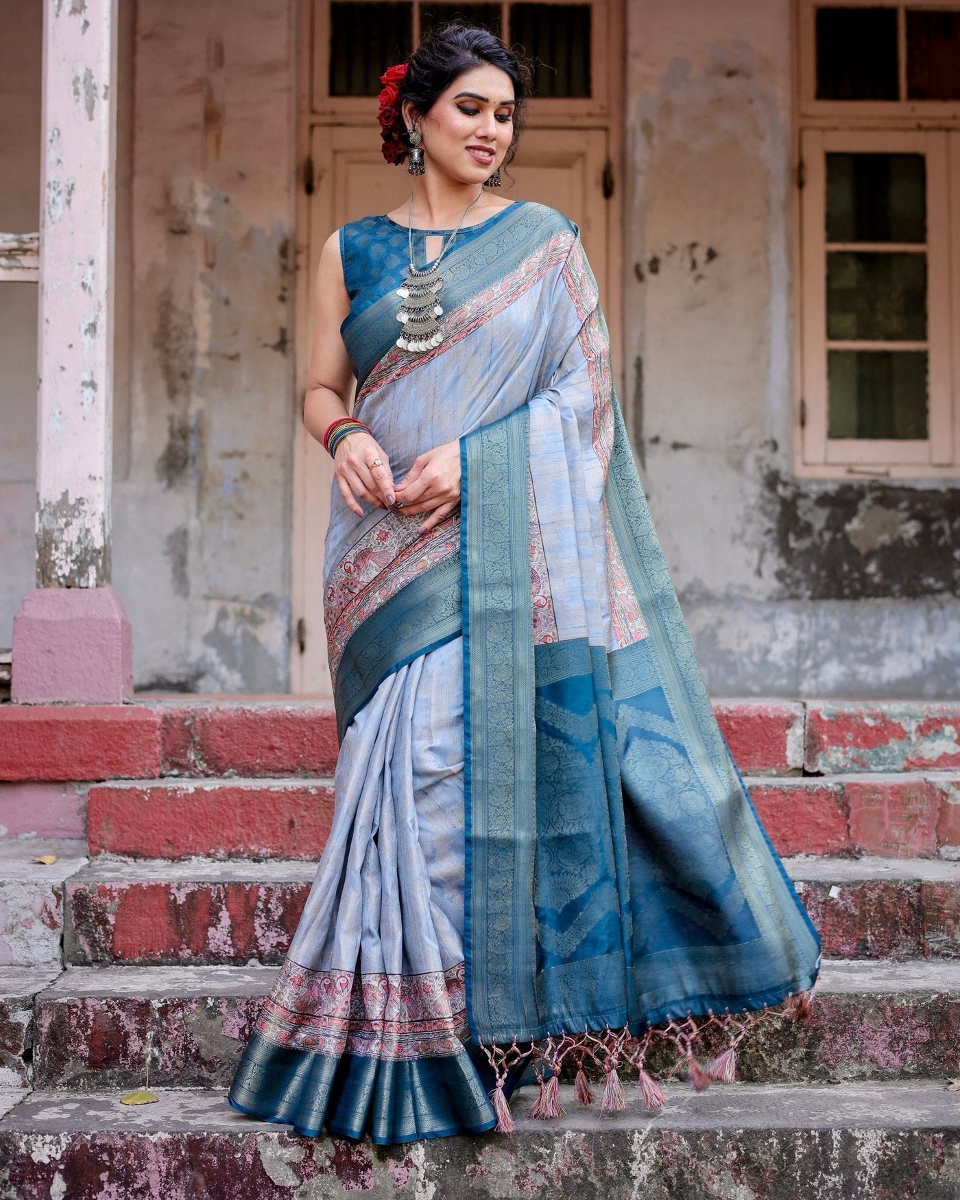 Pure Banarasi Silk Saree Weaved With Golden Zari Comes With Tassels - Almaari Fashion