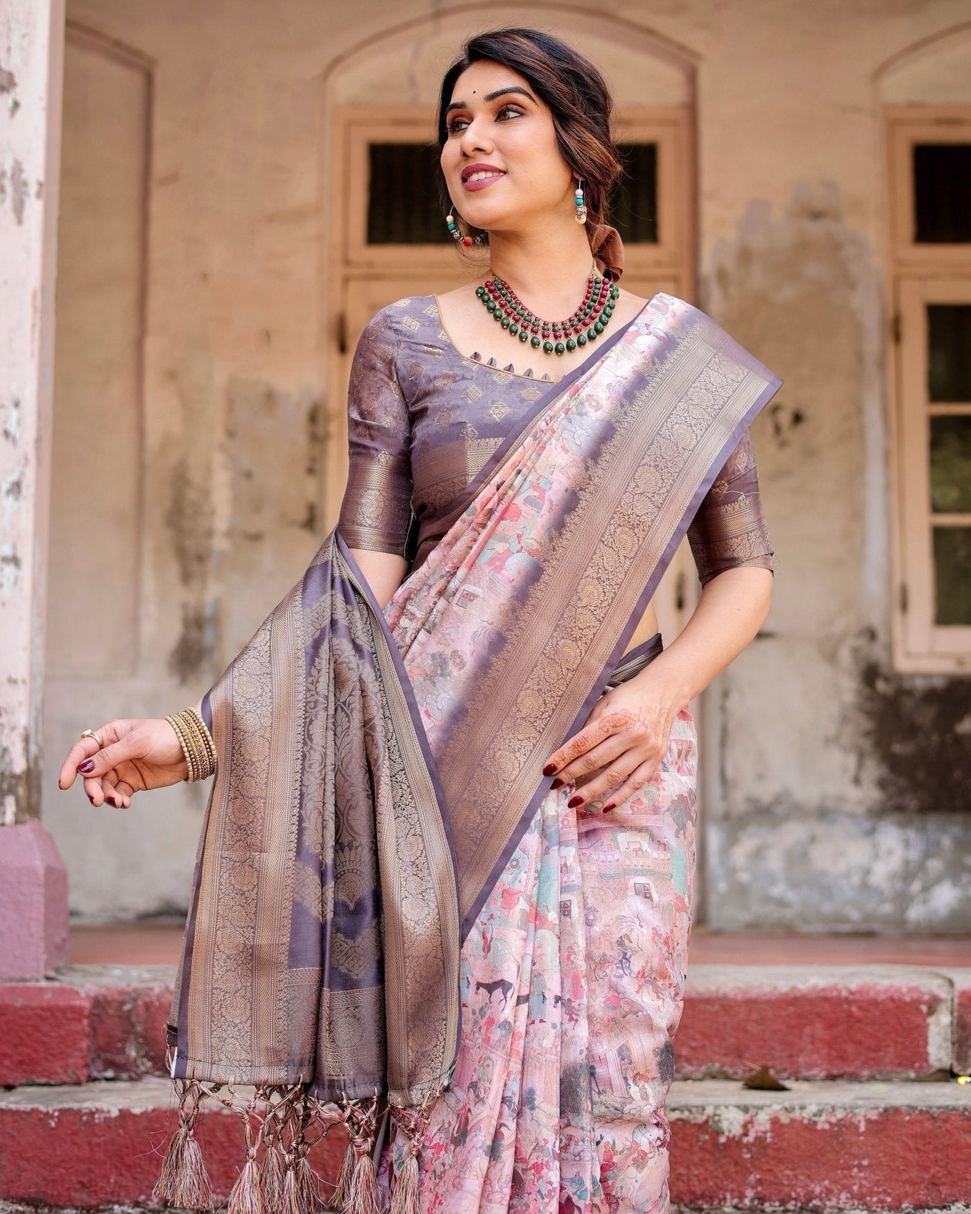 Pure Banarasi Silk Saree Weaved With Golden Zari Comes With Tassels - Almaari Fashion