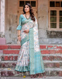 White and Aqua Floral Digital Print Banarasi Silk Saree with Zari Weave and Tassel-Adorned Pallu