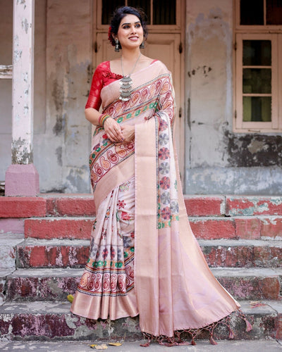 Pure Banarasi Silk Saree Weaved With Golden Zari Comes With Tassels - Almaari Fashion