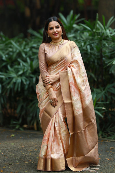 Pure Banarasi Silk Saree Weaved With Golden Zari Comes With Tassels - Almaari Fashion