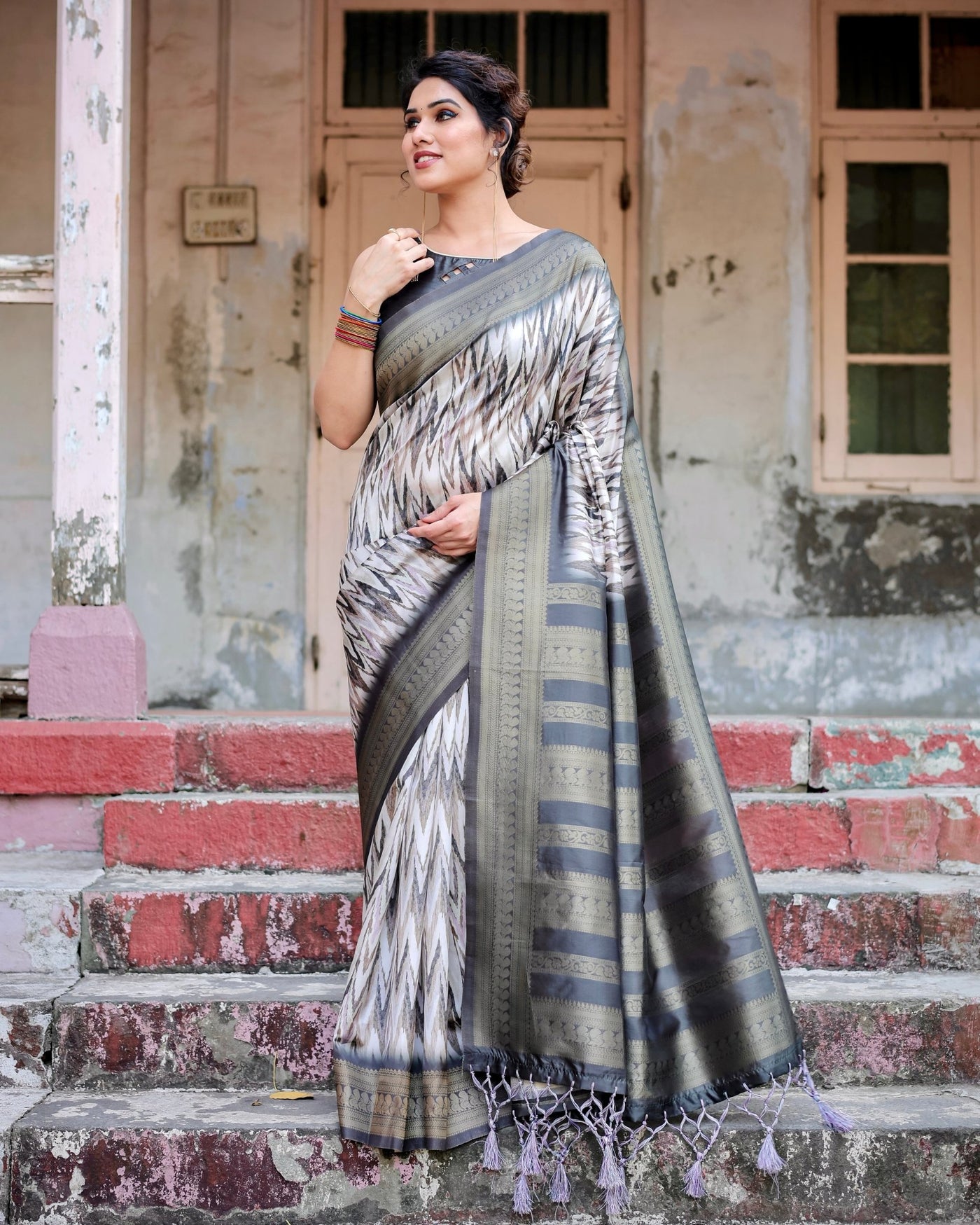 Pure Banarasi Silk Saree Weaved With Golden Zari Comes With Tassels - Almaari Fashion