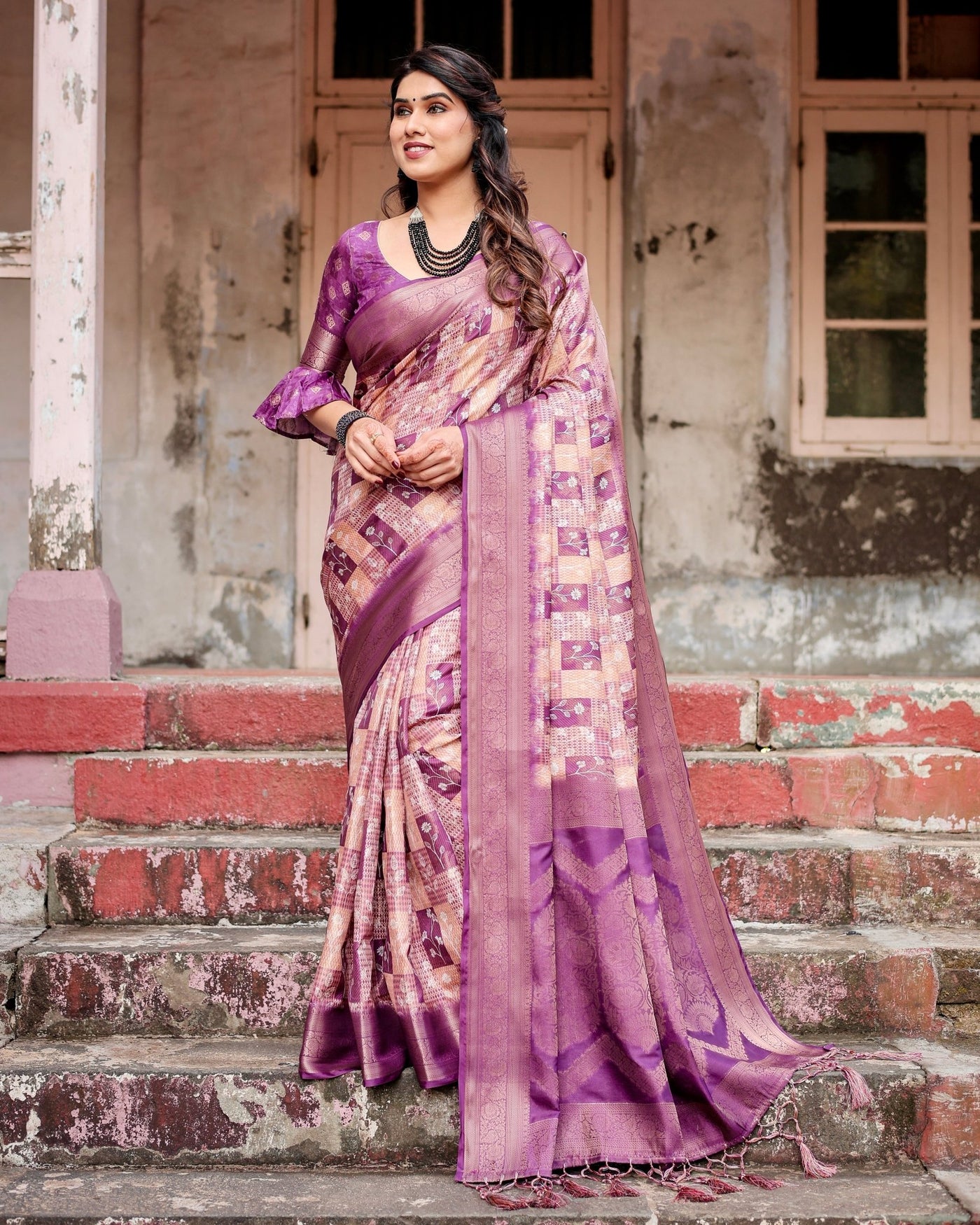 Pure Banarasi Silk Saree Weaved With Golden Zari Comes With Tassels - Almaari Fashion