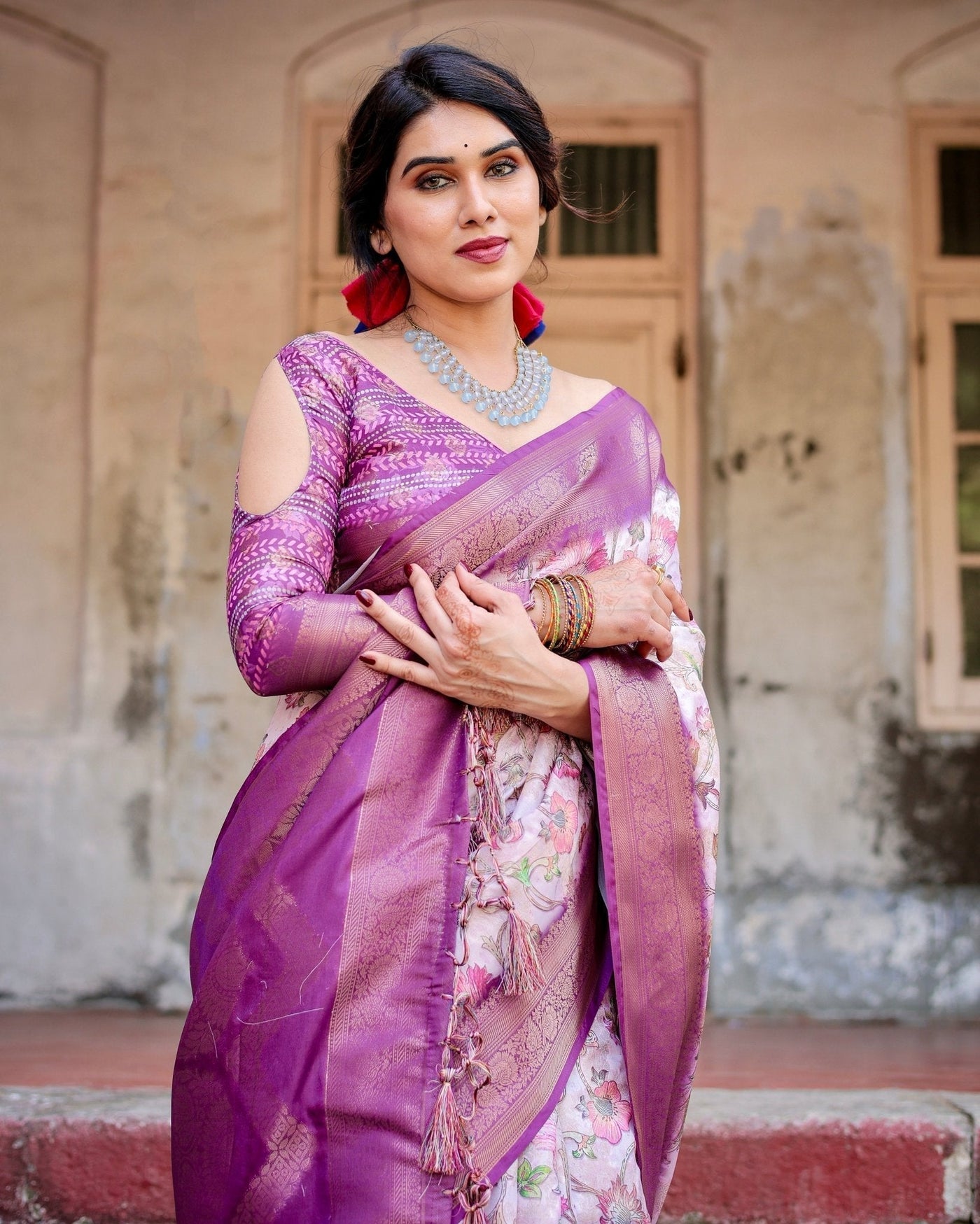 Pure Banarasi Silk Saree Weaved With Golden Zari Comes With Tassels - Almaari Fashion