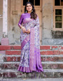 Lavender and White Geometric Floral Digital Print Banarasi Silk Saree with Zari Weave and Tassel-Embellished Pallu