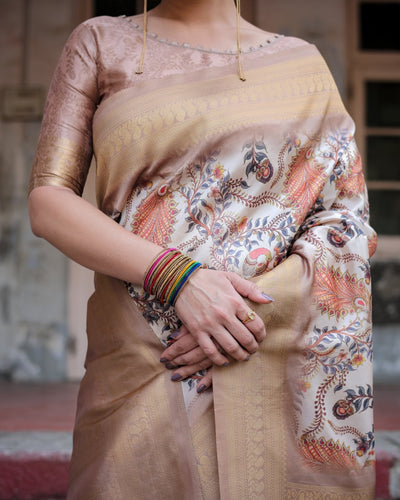 Pure Banarasi Silk Saree Weaved With Golden Zari Comes With Tassels - Almaari Fashion