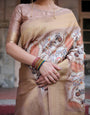 Elegant Beige Floral Banarasi Silk Saree with Zari Weave and Tassels