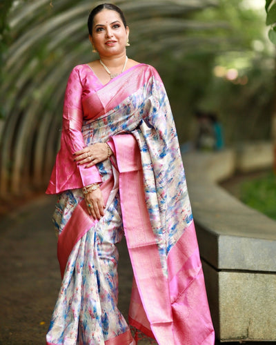 Pure Banarasi Silk Saree Weaved With Golden Zari Comes With Tassels - Almaari Fashion