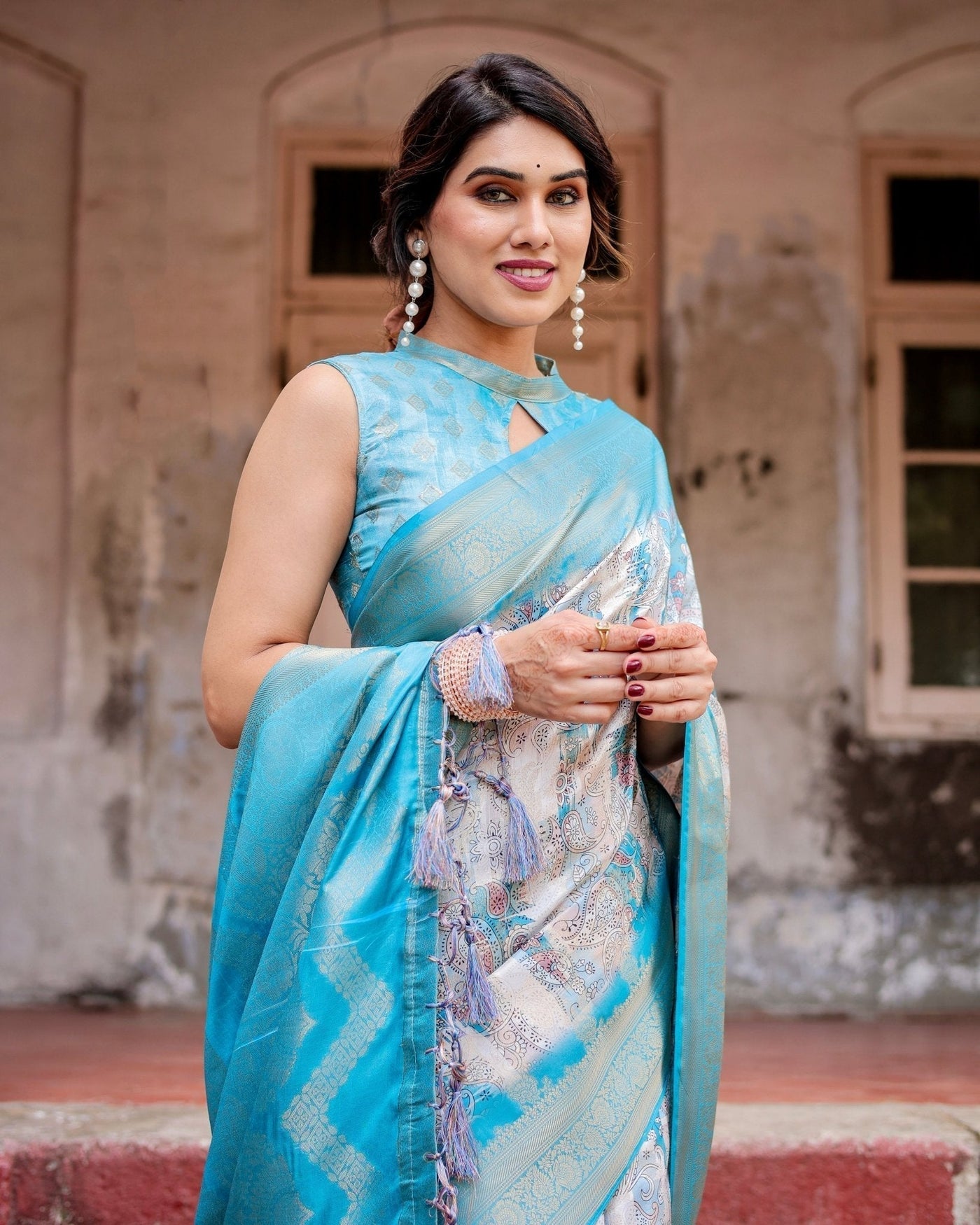 Pure Banarasi Silk Saree Weaved With Golden Zari Comes With Tassels - Almaari Fashion