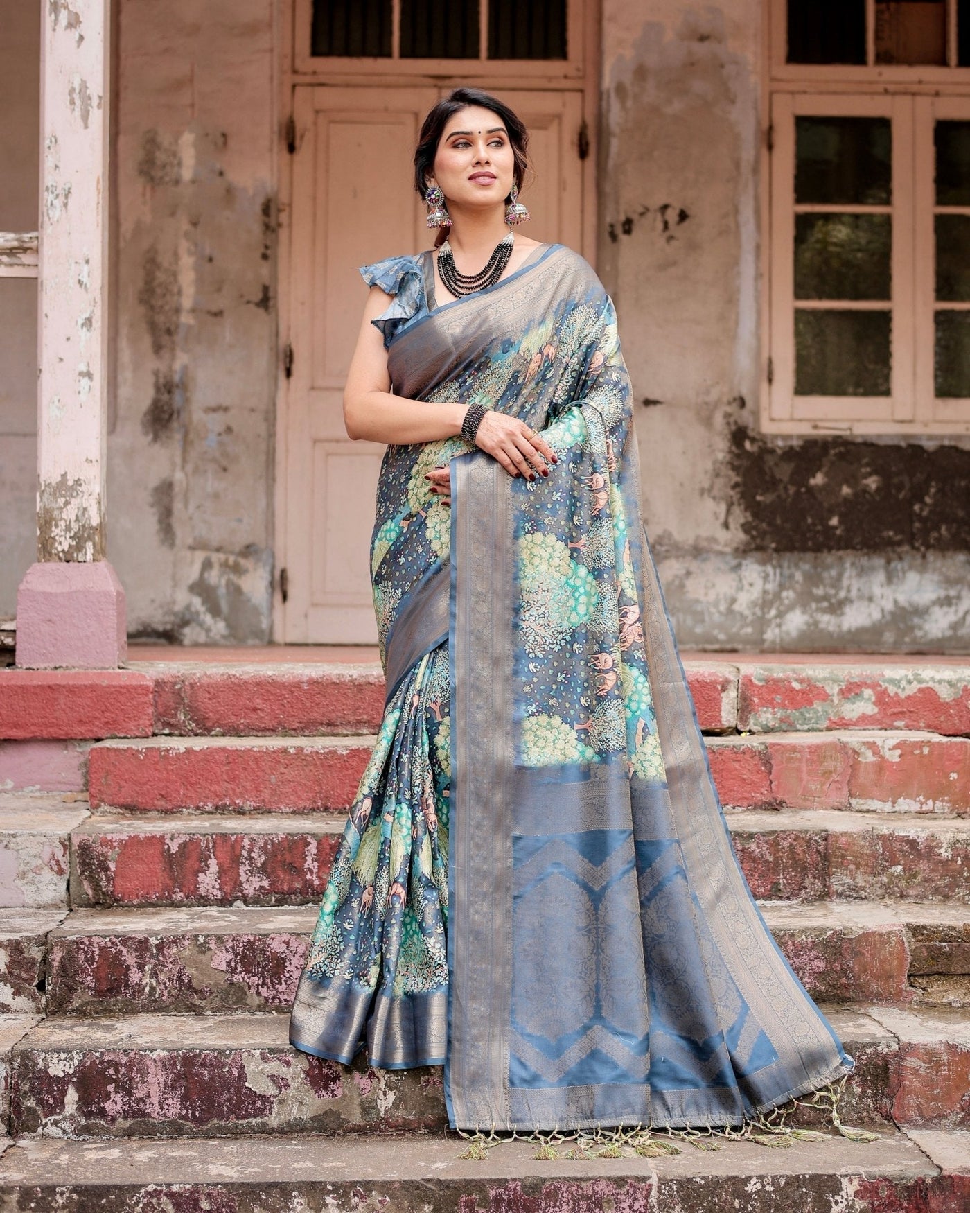 Pure Banarasi Silk Saree Weaved With Golden Zari Comes With Tassels - Almaari Fashion