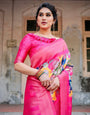 Hot Pink Multicolor Floral Digital Printed Banarasi Silk Saree with Zari Woven Border and Solid Pink Pallu - Includes Tassels