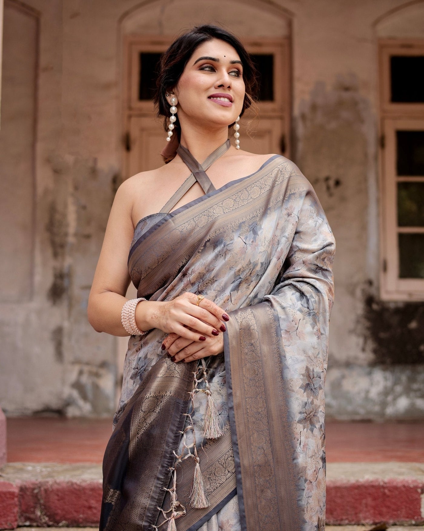 Pure Banarasi Silk Saree Weaved With Golden Zari Comes With Tassels - Almaari Fashion