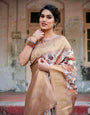 Elegant Beige Floral Banarasi Silk Saree with Zari Weave and Tassels