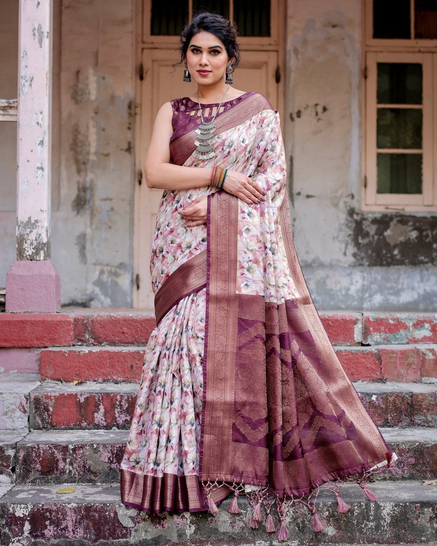 Pure Banarasi Silk Saree Weaved With Golden Zari Comes With Tassels - Almaari Fashion