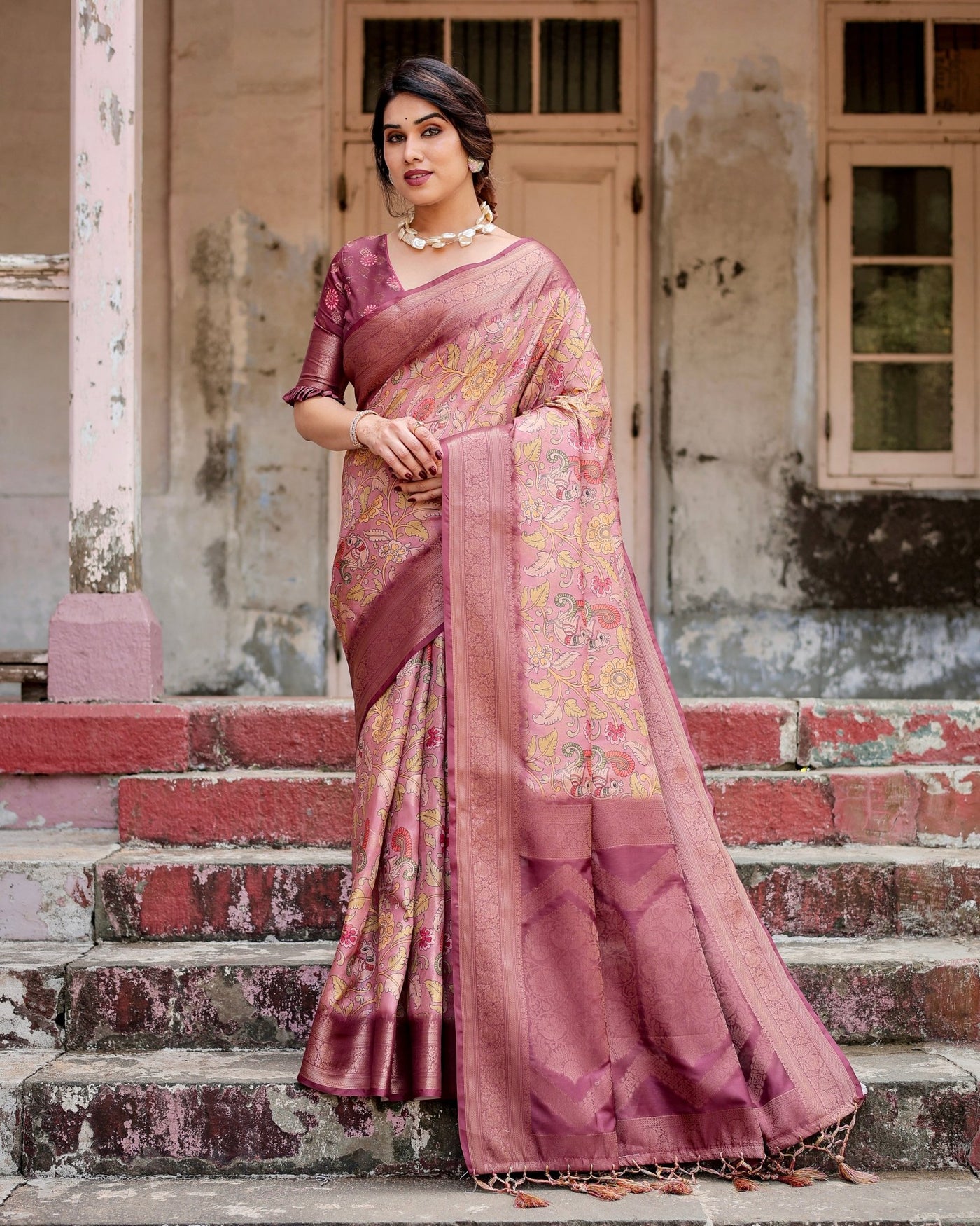 Pure Banarasi Silk Saree Weaved With Golden Zari Comes With Tassels - Almaari Fashion