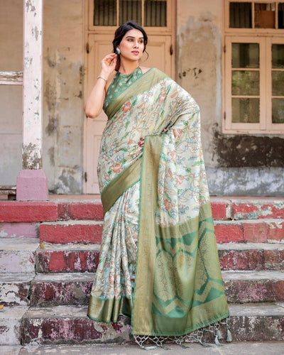 Pure Banarasi Silk Saree Weaved With Golden Zari Comes With Tassels - Almaari Fashion